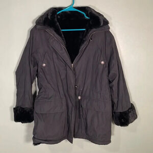 Jl Colebrook Faux Fur Reversible Coat Adjustable Waist Jacket Black Small